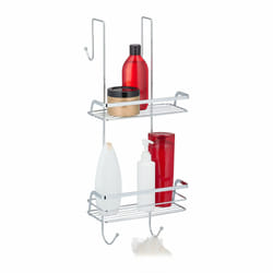 Relaxdays - tagère de douche à suspendre, 2 paniers, 4 crochets, rangement shampoing sans perçage, en fer chromé, argenté