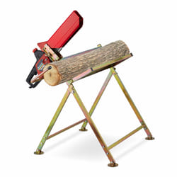 Chevalet sciage, support pour tronçonneuse, protège-guide, barre mesure coupe, charge max. 120 kg, métal, doré - Relaxdays