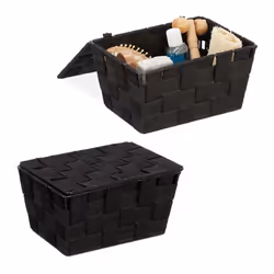 Panier de rangement avec couvercle lot de 2 aspect tressé bôite de rangement HxlxP 105x195x145 cm plastiquenoir