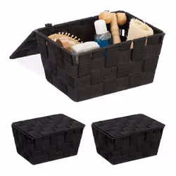 Panier de rangement avec couvercle lot de 3 aspect tressé bôite de rangement HxlxP 105x195x145 cm plastiquenoir