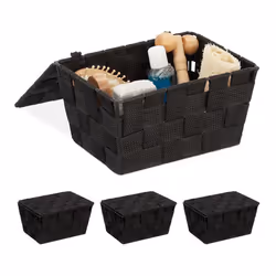 Panier de rangement avec couvercle lot de 4 aspect tressé bôite de rangement HxlxP 105x195x145 cm plastiquenoir