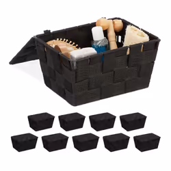 Panier de rangement avec couvercle lot de 10 aspect tressé bôite de rangement HxlxP 105x195x145 plastiquenoir