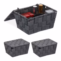 Panier de rangement avec couvercle lot de 3 aspect tressé bôite de rangement HxlxP 105x195x145 plastique gris