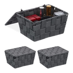 Panier de rangement avec couvercle lot de 3 aspect tressé bôite de rangement HxlxP 105x195x145 plastique gris