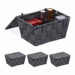 Panier de rangement avec couvercle lot de 4 aspect tressé bôite de rangement HxlxP 105x195x145 plastique gris