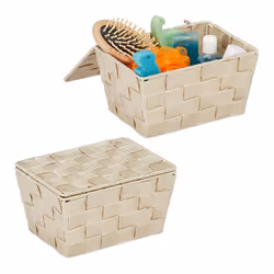 Panier de rangement en lot de 2 avec couvercle aspect tressé organiseur salle de bain 105 x 195 x 145 cm beige