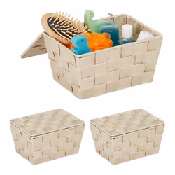Panier de rangement en lot de 3 avec couvercle aspect tressé organiseur salle de bain 105 x 195 x 145 cm beige