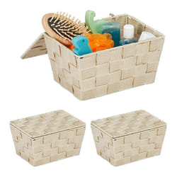 Panier de rangement en lot de 3 avec couvercle aspect tressé organiseur salle de bain 105 x 195 x 145 cm beige