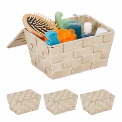 Panier de rangement en lot de 4 avec couvercle aspect tressé organiseur salle de bain 105 x 195 x 145 cm beige