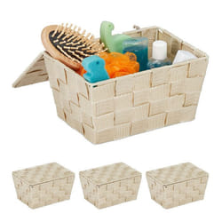 Panier de rangement en lot de 4 avec couvercle aspect tressé organiseur salle de bain 105 x 195 x 145 cm beige