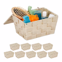 Panier de rangement en lot de 10 avec couvercle aspect tressé organiseur salle de bain 105 x 195 x 145 cm beige