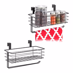 2x paniers suspendus avec porte rouleau de cuisine rangement cuisine et bain métal HxLxP : 18 x 31 x 17 cm noir
