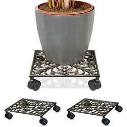 Relaxdays - Porte-plantes à roulettes, lot de 3, support pot de fleurs, 4 roues, d: 33,5 cm, carré, design antiquités, bronze