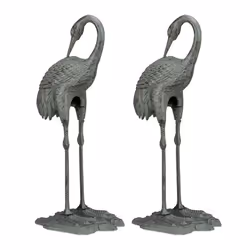 Décoration de jardin grue cendrée lot de 2 oiseau métal statue fonte extérieur & intérieur étang 72x32x22 cm vert