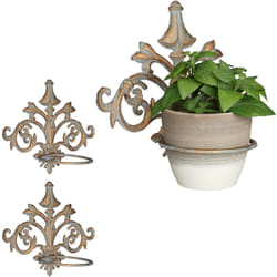3x Supports pot de fleurs mural baroque, fonte, décoration, Porte plantes mural extérieur, Ø 13,5 cm, gris-doré