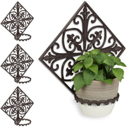 Relaxdays - 4x Supports pot de fleurs mural antique, fonte, décoration jardin, Porte plantes mural extérieur, ø 13,5 cm, brun