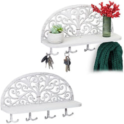 Porte-manteaux mural étagère, lot de 2, tablette clés, planche bois 4 crochets, double patère, 23 x 39 x 11,5 cm, blanc