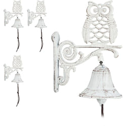 Relaxdays - Cloche murale de porte, lot de 4, fonte de fer, chouette, design antique, avec corde, résistant aux intempéries, blanc
