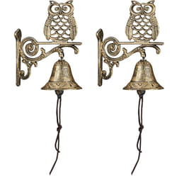 Relaxdays - Cloche murale de porte, lot de 2, fonte de fer, chouette, design antique, avec corde, résistant aux intempéries, doré