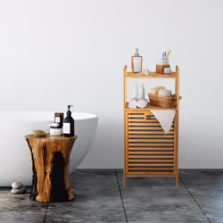 Meuble à linge, bac pliable, 2 surfaces de rangement, bambou et tissu, HLP env. 96x44x33 cm, nature et gris - Relaxdays