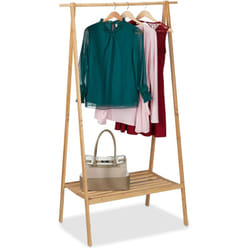 Relaxdays Portant pliable en bambou, penderie porte vêtements, HLP : 170 x 100 x 56,6 cm, tringle et étagère, nature