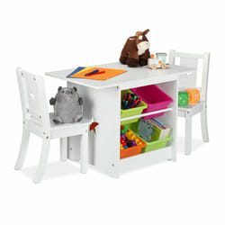 Ensemble mobilier enfants, table dînette, 2 chaises, rangements, mixte, coin salon chambre d'enfant, blanc - Relaxdays