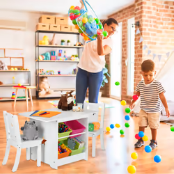 Ensemble mobilier enfants, table dînette, 2 chaises, rangements, mixte, coin salon chambre d'enfant, blanc - Relaxdays