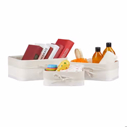 Relaxdays Panier de rangement en bambou et tissu lot de 3 corbeilles salle de bain 3 tailles différentes blanc