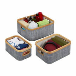 Relaxdays - Panier de rangement, lot de 3, avec poignées, trois tailles différentes, bambou et polyester, empilables, gris