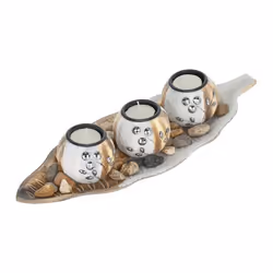 Relaxdays Porte-bougies lot 3 bougeoirs rond pour bougies chauffe-plat plateau forme feuille pierres marron-blanc
