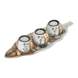Relaxdays Porte-bougies lot 3 bougeoirs rond pour bougies chauffe-plat plateau forme feuille pierres marron-blanc