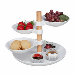 Relaxdays - Serviteur à gâteaux, 4 étages, plastique & bois, flexible, hlp: 19x26x24 cm, étagère à cupcakes, blanc/naturel