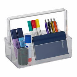 Relaxdays Organiseur à poignée, 4 compartiments, plastique, rangement bureau et cosmétiques, portable, transparent