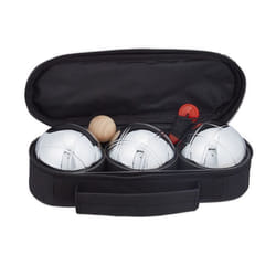Relaxdays Lot de 3 boules de pétanque métalliques avec cochonnet et mètre sacoche jeu en extérieur argenté et noir