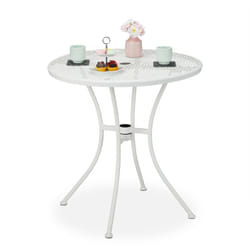 Table de jardin, avec trou pour parasol avec bouchon, aspect grillagé, acier robuste, HxD : 72x70 cm, blanc - Relaxdays