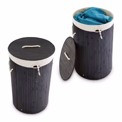 2x Panier à linge bambou corbeille linge pliante 70 L sac intérieur coton 65 x 495 x 37 cm noir