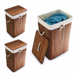 Panier à linge bambou lot de 3 corbeille linge pliante 83L sac intérieur coton 655 x 435 x 335 cm marron