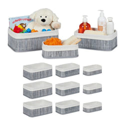 Boîte rangement en bambou lot 12 paniers ouverts rectangulaires revêtement tissu salle de bain gris
