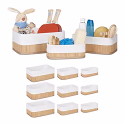 Boîte rangement en bambou lot 12 paniers ouverts rectangulaires revêtement tissu salle de bain nature