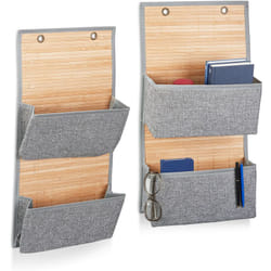 Relaxdays - Rangement mural, lot de 2, organiseur à suspendre 3 compartiments, salle de bain, HxLxP: 62x33x12 cm, bambou tissu, gris