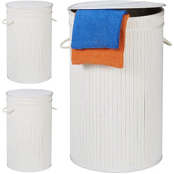 Panier à linge bambou, lot de 3, pliable, Corbeille à linge ronde, 65 l, Sac à linge, ø 40 cm, blanc