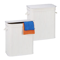 Panier à linge bambou lot de 2 corbeille rectangulaire 2 compartiments couvercle pliable 95 L blanc