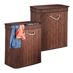 Panier à linge bambou lot de 2 corbeille rectangulaire 2 compartiments couvercle pliable 95 L marron