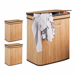 Panier à linge bambou lot de 3 corbeille rectangulaire 2 compartiments couvercle pliable 95 L nature