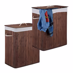 2x Corbeilles à linge bambou Paniers à linge 2 compartiments coffres pliables couvercle 95 l bacs à linge marron