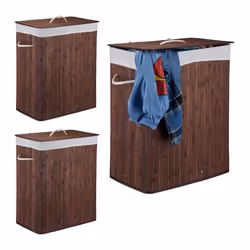 3x Corbeilles à linge bambou Paniers à linge 2 compartiments coffres pliables couvercle 95 l bacs à linge marron
