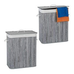 Corbeille à linge bambou avec couvercle lot de 2 rectangulaire 2 compartiments volume de 95 litres pliable gris