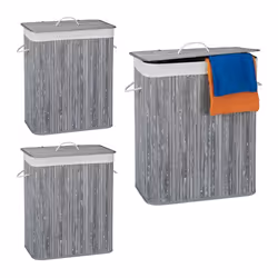Corbeille à linge bambou avec couvercle lot de 3 rectangulaire 2 compartiments volume de 95 litres pliable gris