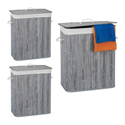 Corbeille à linge bambou avec couvercle lot de 3 rectangulaire 2 compartiments volume de 95 litres pliable gris
