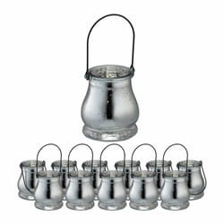 Lot de 12 photophores à suspendre, en verre, avec anse, HxD: 10 x 8,5 cm, pour intérieur et extérieur, argenté - Relaxdays